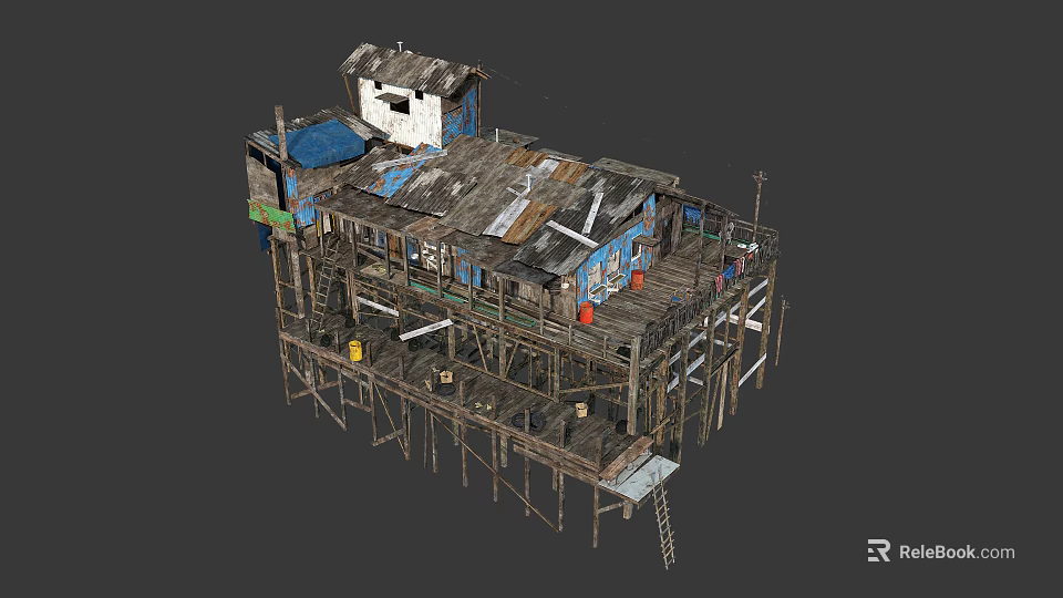 Ramshackle Elevated Shanty Structure Built With Recycled Metal Wood And Scaffold Supports 3d model 