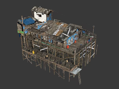 Ramshackle Elevated Shanty Structure Built With Recycled Metal Wood And Scaffold Supports 3d model