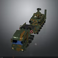 Military Transport Truck Carrying Armored Tank With Green Orange Camouflage Cabin And Trailer