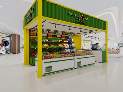 Shopping Mall Fruit Counter with Green Yellow Exterior and Fresh Fruits Display Shelves 3d model