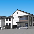 Traditional Modern Building Exterior With White Walls Black Roof Windows And Entrance People