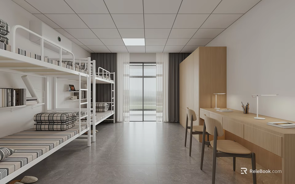 School Dormitory Interior With Modern Bunk Beds Desks And Natural Light 3d model