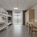 School Dormitory Interior With Modern Bunk Beds Desks And Natural Light 3d model