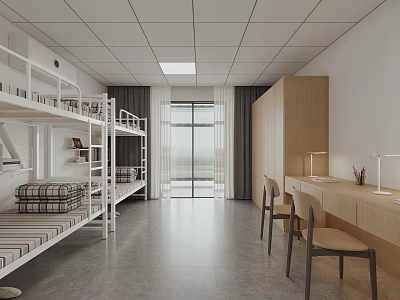 School Dormitory Interior With Modern Bunk Beds Desks And Natural Light 3d model