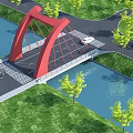 Red Arch Bridge Spanning River With Green Grass Trees And Vehicles Crossing 3d model