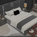 Double Bed With Black Leather Headboard White Bedding Pillows Nightstands Lamp And Brown Bench