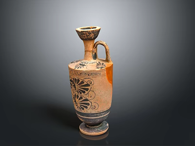 Hand Carved Ancient Clay Vase Featuring Black Floral Patterns And Handle 3d model