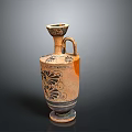 Hand Carved Ancient Clay Vase Featuring Black Floral Patterns And Handle
