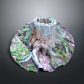 Green and Purple Plants Growing Around Tree Stump with Exposed Roots