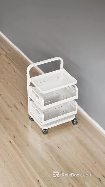 White Three Tiered Wheeled Storage Cart For Decorative Ornaments On Wooden Floor 3d model 