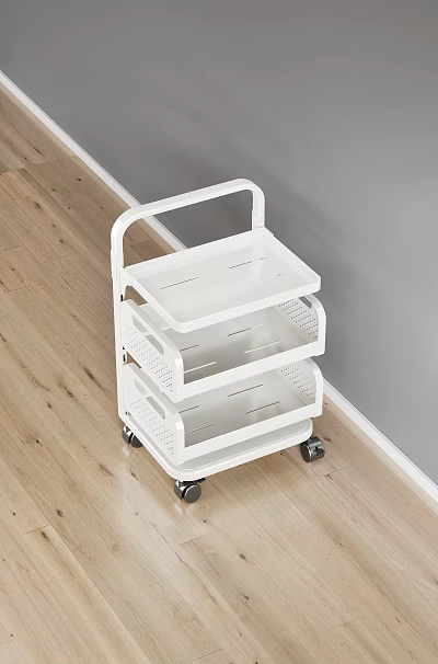 White Three Tiered Wheeled Storage Cart For Decorative Ornaments On Wooden Floor 3d model