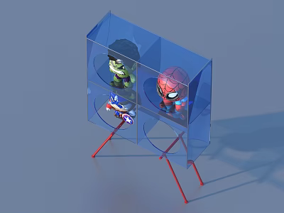 Collectible Toy Dolls Displayed In Transparent Case With Red Stand And Compartments 3d model