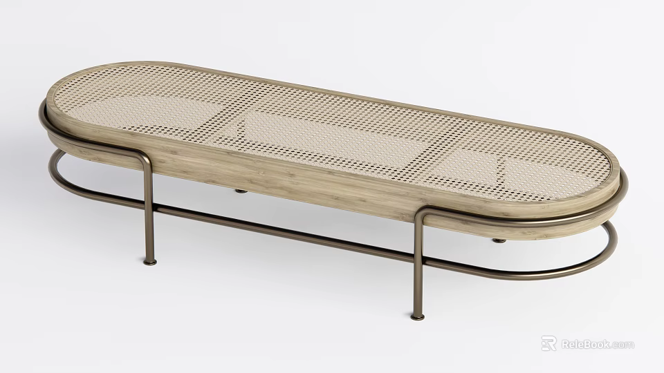Durable Modern Oval Ottoman With Woven Surface And Curved Metal Frame Design 3d model 