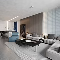 Modern Living Dining Room Interior With Sofa Blue Chair Coffee Table And Wooden Wall Art