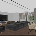 Modern Living and Dining Room Interior With Gray L Shaped Sofa Wooden Floor And Plants