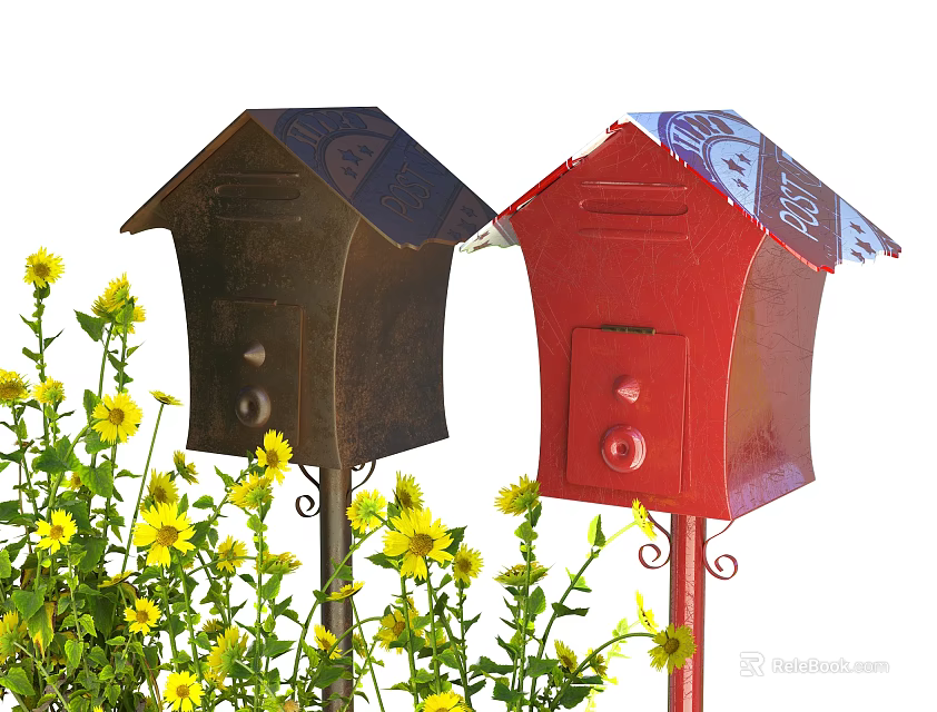 Public Facility Two Black And Red Mailboxes With Blue Patterned Awnings Surrounded By Yellow Flowers 3d model 