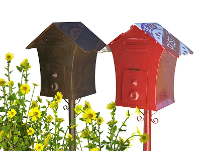 Public Facility Two Black And Red Mailboxes With Blue Patterned Awnings Surrounded By Yellow Flowers 3d model