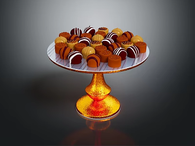Assorted Chocolate Candies on Golden Pedestal Stand with Striped and Round Toppings 3d model