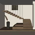 Minimalist Wooden Staircase Design With Black Vase And Feather Wall Art