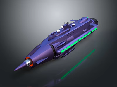Purple Streamlined Spaceship With Green Glowing Stripes And Pointed Front Reflective Base 3d model