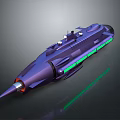 Purple Streamlined Spaceship With Green Glowing Stripes And Pointed Front Reflective Base