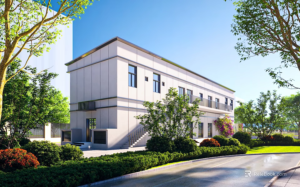 Modern Detached Villa Exterior Design With Lush Greenery Trees And Landscaped Driveway Lawn 3d model 