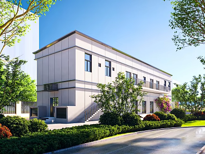 Modern Detached Villa Exterior Design With Lush Greenery Trees And Landscaped Driveway Lawn 3d model
