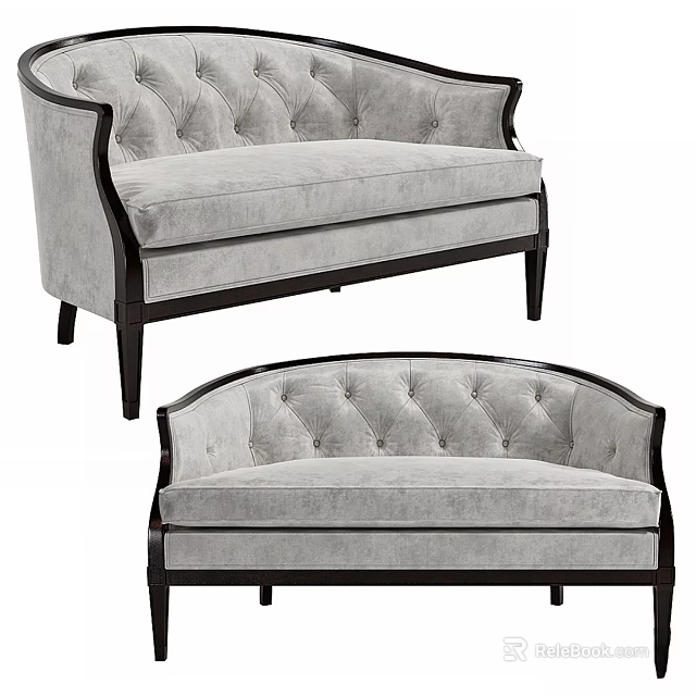 Elegant Gray Two Seater Sofa With Tufted Backrest And Black Wooden Frame 3d model