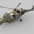 Green Camouflage Military Helicopter With Open Cabin Door Rotor Blades And Landing Gear