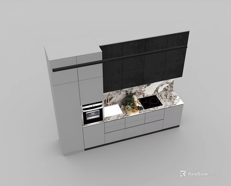 Modern Gray And Black Kitchen Cabinets With Marble Countertop Built In Oven And Decorative Plants 3d model 