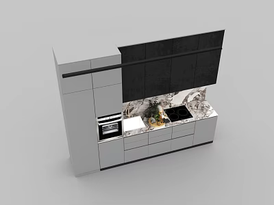 Modern Gray And Black Kitchen Cabinets With Marble Countertop Built In Oven And Decorative Plants 3d model