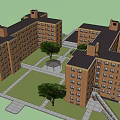 Red Brick Apartment Building With Multiple Windows Lawn Tree And Staircase