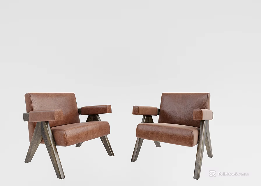 Pair of Modern Brown Leather Leisure Chairs with Wooden Legs Design 3d model 