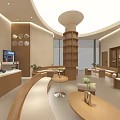Modern Minimalist Interior Space With Curved Wooden Furniture Round Ceiling Light And Green Plants