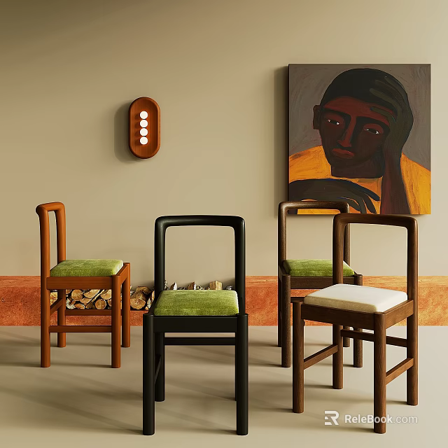 Contemporary Dining Chairs With Green White Cushions Wooden Black Frames In Interior Decor 3d model 