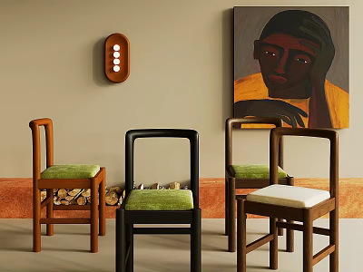 Contemporary Dining Chairs With Green White Cushions Wooden Black Frames In Interior Decor 3d model