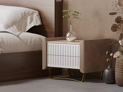 White and Beige Bedside Table with Drawers Gold Legs Glass Vase Green Plant in Bedroom 3d model