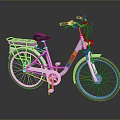 White Bicycle With Colorful Stripes Black Seat And Rear Metal Basket