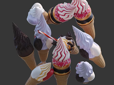 Colorful Ice Cream Cone Decorative Ornament Set With Various Flavors And Designs 3d model