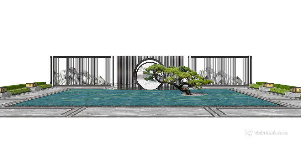 Chinese Feature Wall With Circular Design Black Grille Mountain Pattern And Pine Tree In Pool 3d model