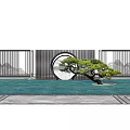 Chinese Feature Wall With Circular Design Black Grille Mountain Pattern And Pine Tree In Pool 3d model