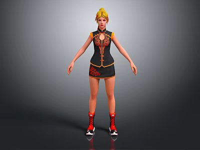 3D Character With Blonde Hair Wearing Black Red Chinese Style Outfit Golden Decorations Red Boots 3d model