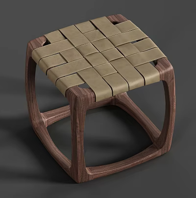 Brown Wooden Frame Stool With Beige Woven Seat And Modern Design Details 3d model