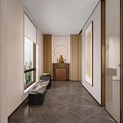 Modern Chinese Style Foyer Hallway With Bench And Decorations 3d model