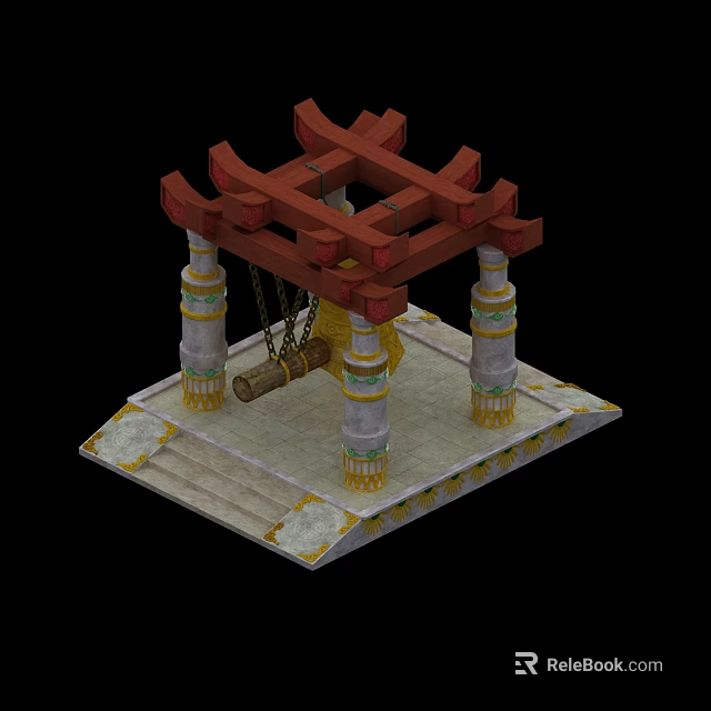 Traditional Pavilion Structure With Red Wooden Frame Four Decorated Pillars And Square Base 3d model 