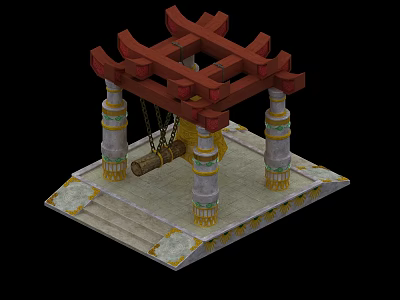 Traditional Pavilion Structure With Red Wooden Frame Four Decorated Pillars And Square Base 3d model