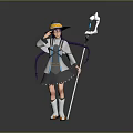 Woman In Witch Hat With Purple Braids Holding Magic Staff In Gray And Blue Outfit
