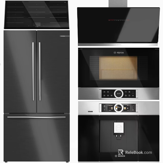 Modern Stainless Steel Kitchen Appliances Featuring Refrigerator Microwave And Coffee Machine 3d model 