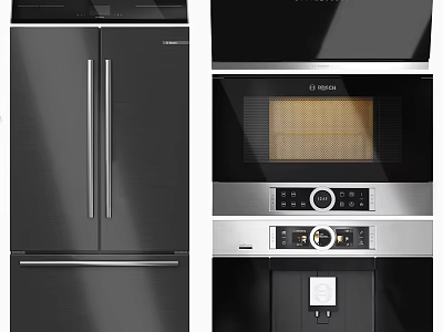 Modern Stainless Steel Kitchen Appliances Featuring Refrigerator Microwave And Coffee Machine 3d model