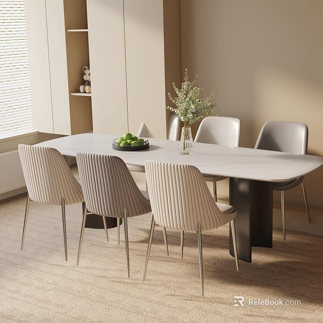 Modern Dining Table Set with Stylish Chairs Green Fruits and Vase with Plants in Light Room 3d model 